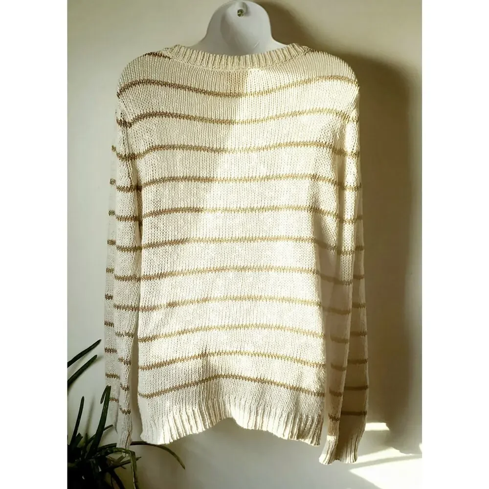 Tory Burch Womens Cream Striped Heart Linen Blend Sweater Size Medium Boho